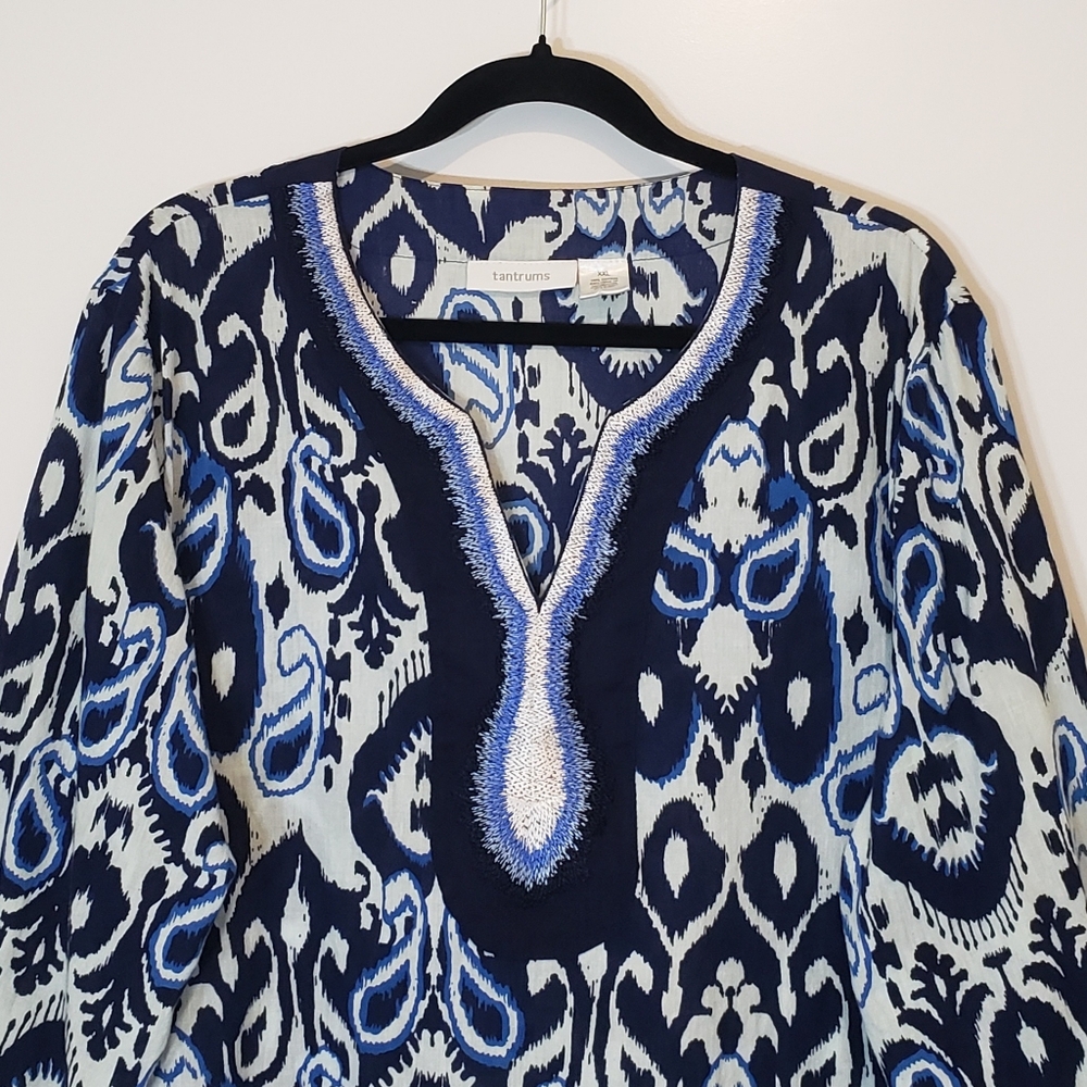 Tantrums Embroidered Cotton Tunic Split V Neck Paisley Print Blue White Size XXL - Picture 2 of 12